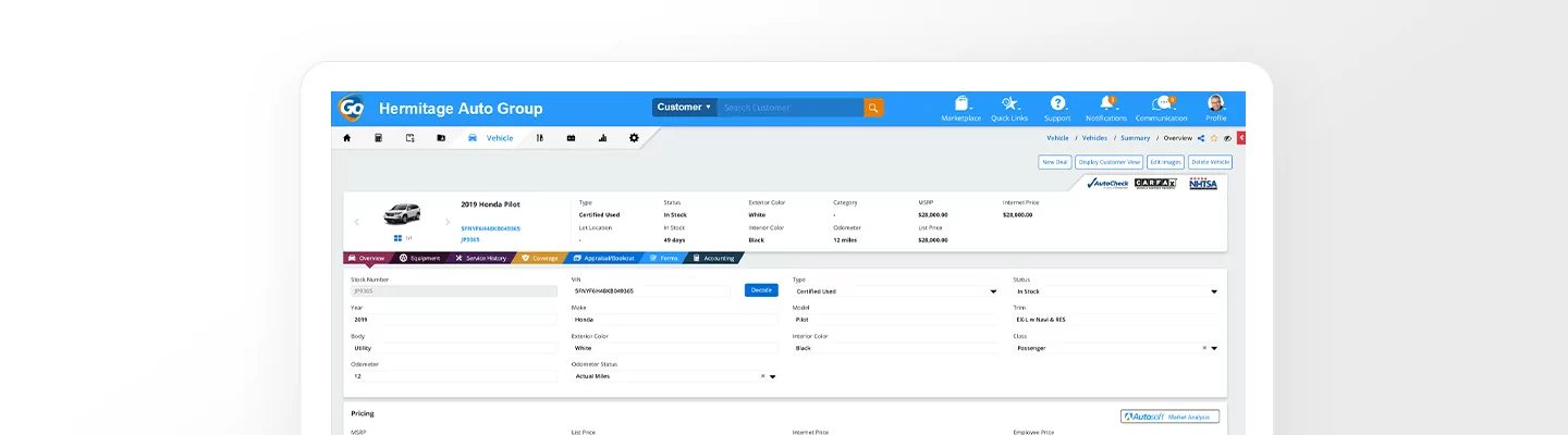 Autosoft Go dashboard for Hermitage Auto Group showing vehicle desirability scores