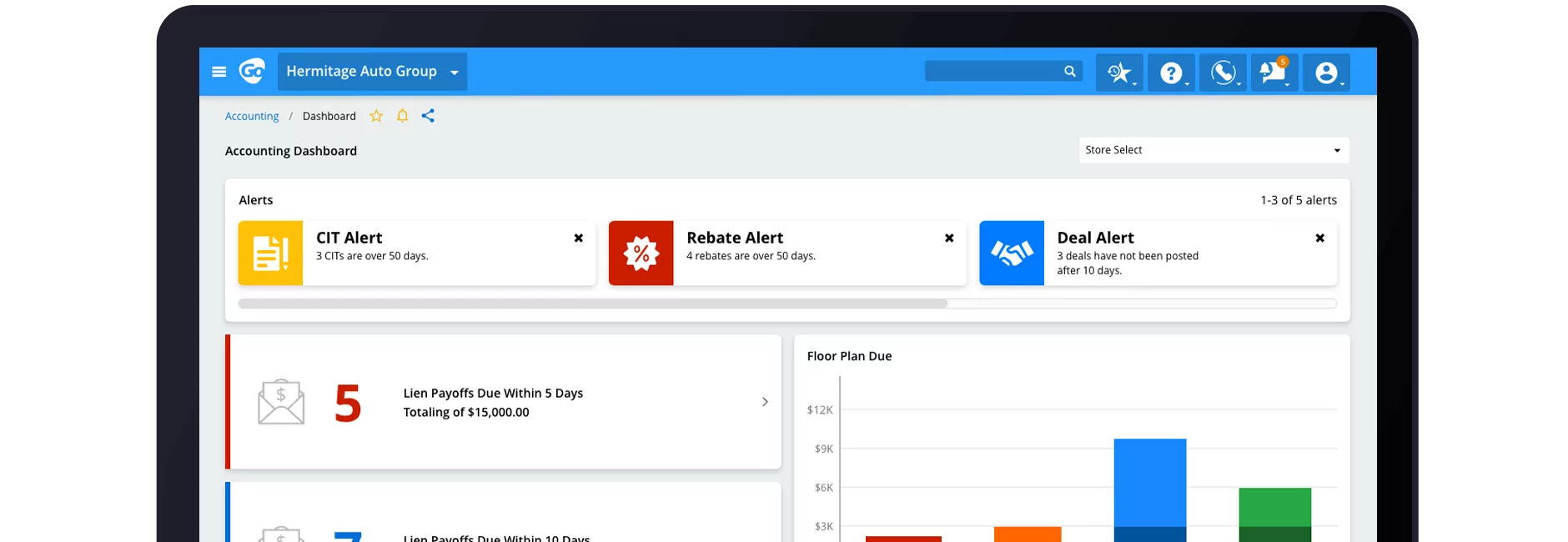 Autosoft Go page open to Hermitage Auto group with accounting dashboard showing alerts